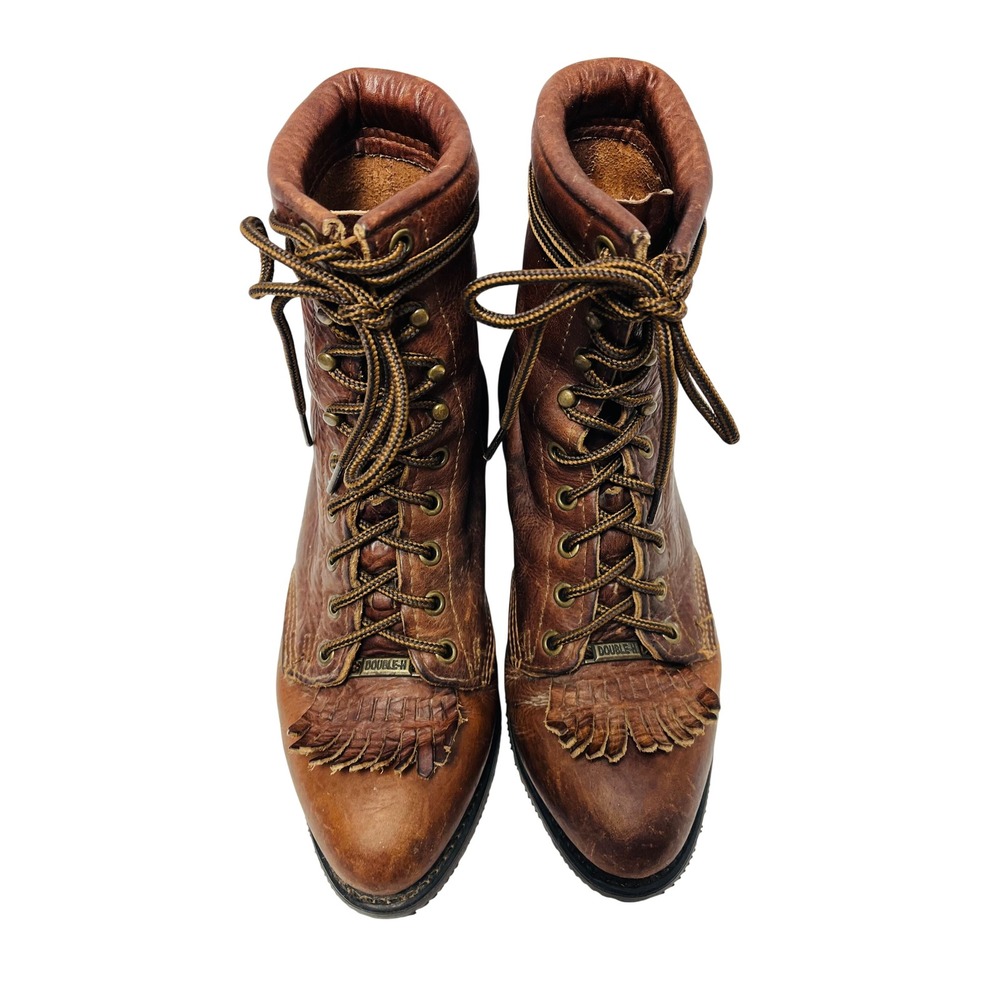 Double-H Ladies Brown 7.5 M Lacer Leather Western Boots Kiltie Rugged Grunge